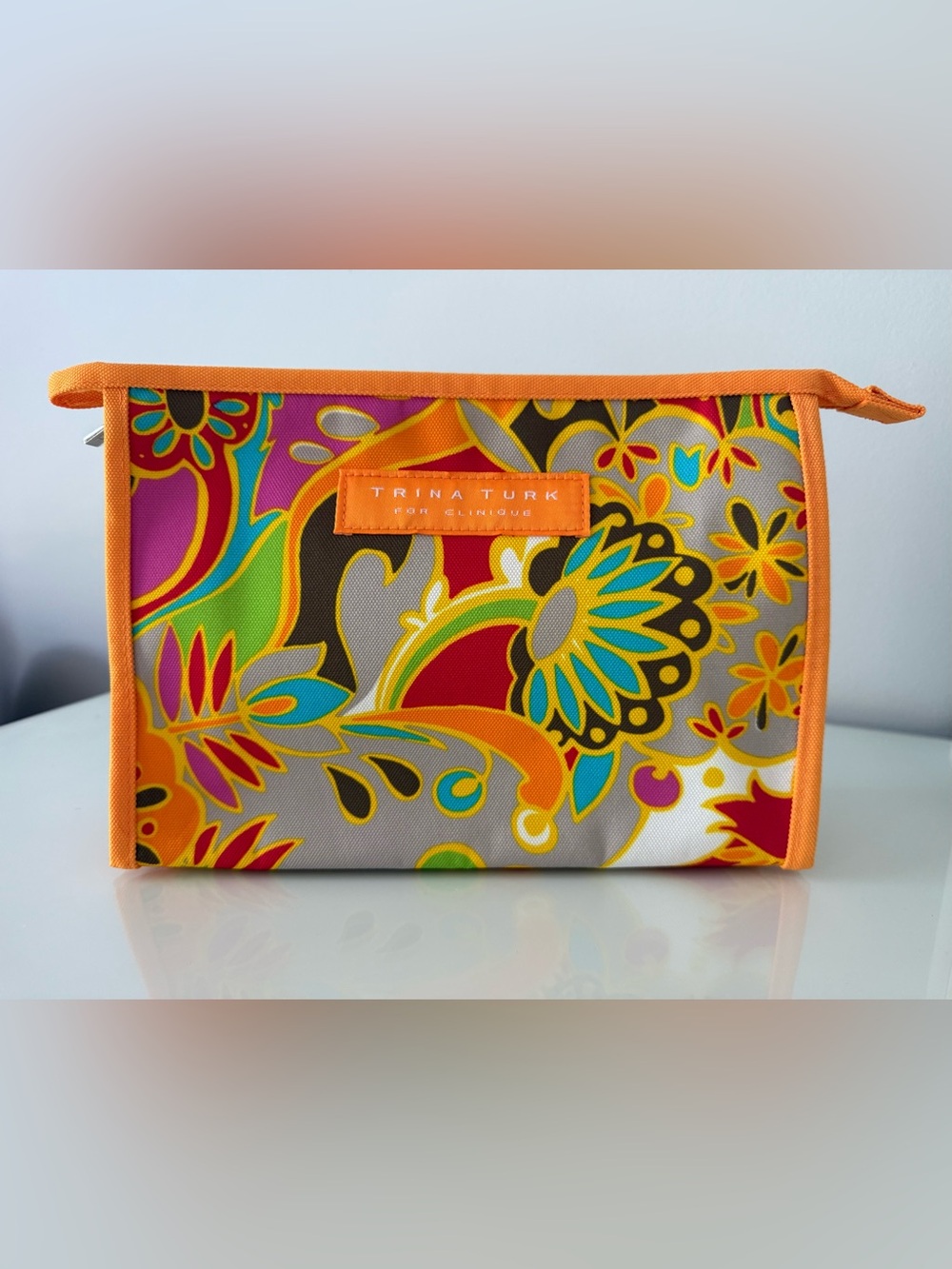 Trina Turk for Clinique Orange Multi Floral Toiletry Cosmetic Bag
